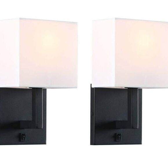 PERMO Black Single Wall Sconce Light Fixture Set of 2 with White Textile Shades - Picture 1 of 7